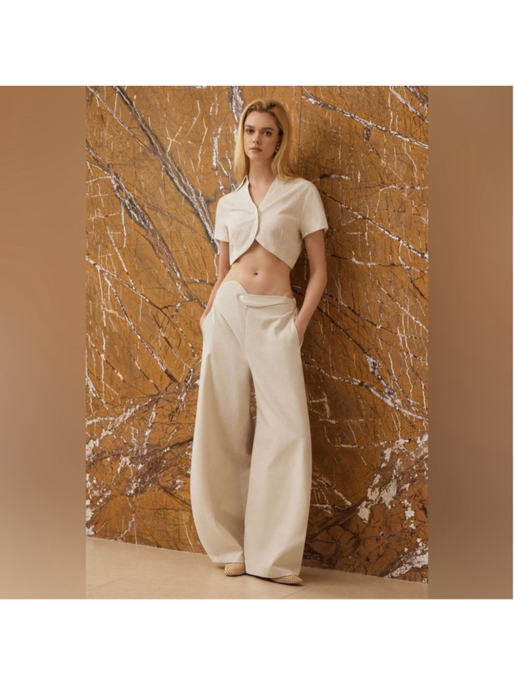 Micas Linen Button Asymmetrical Ruched Barrel Trousers S CC18-5